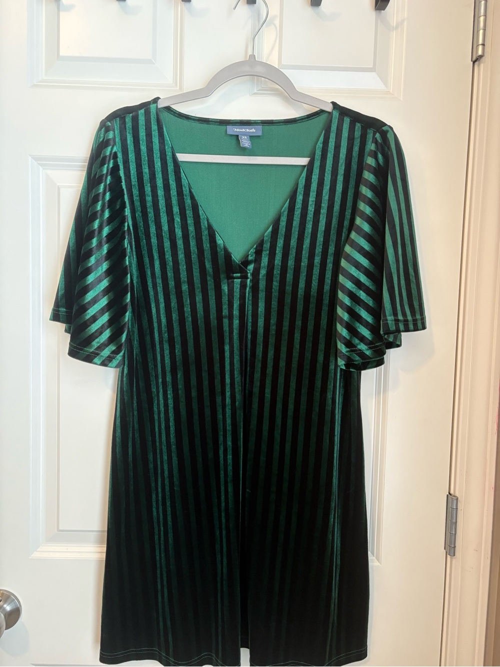 ModCloth Green and Black Striped V-Neck Flutter Sleeve Top XS
